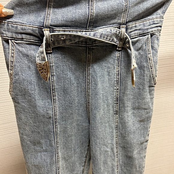 BEBE Belted Sweetheart Denim Jumpsuit - River Blue Wash - Picture 6 of 6